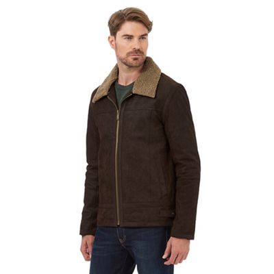 Big and tall dark brown borg collar leather jacket